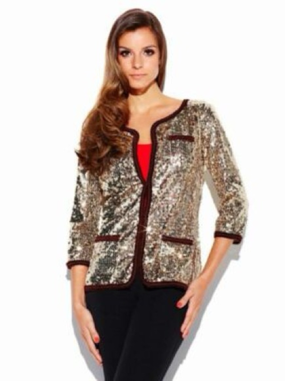 IMAN Gold Sequin Open-Front Jacket with Brown Trim